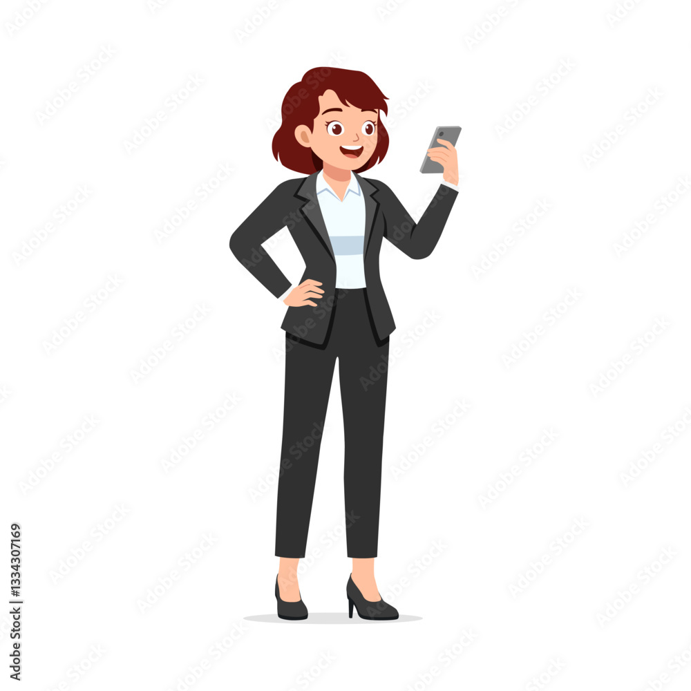 Smiling Business Woman in Suit Using Smartphone Device While Standing Up with Full Body Shot Smiling Business Woman in Suit Using Smartphone Device While Standing Up with Full Body Shot