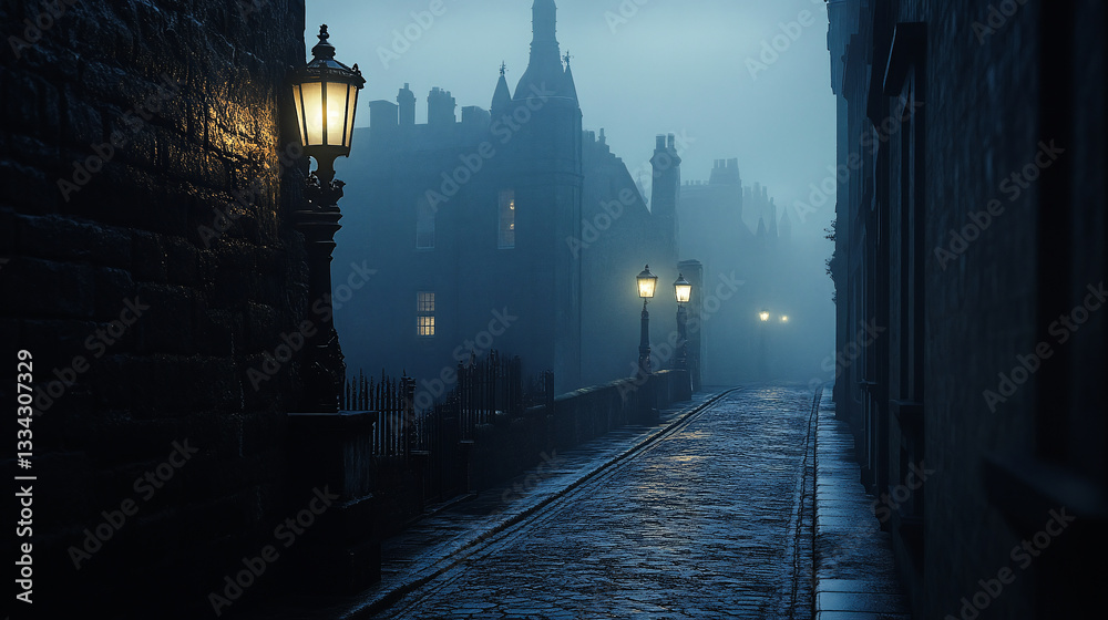 Obraz premium Image of Victorian London on a moody evening with gas-lights, fog and cobble-stone streets 