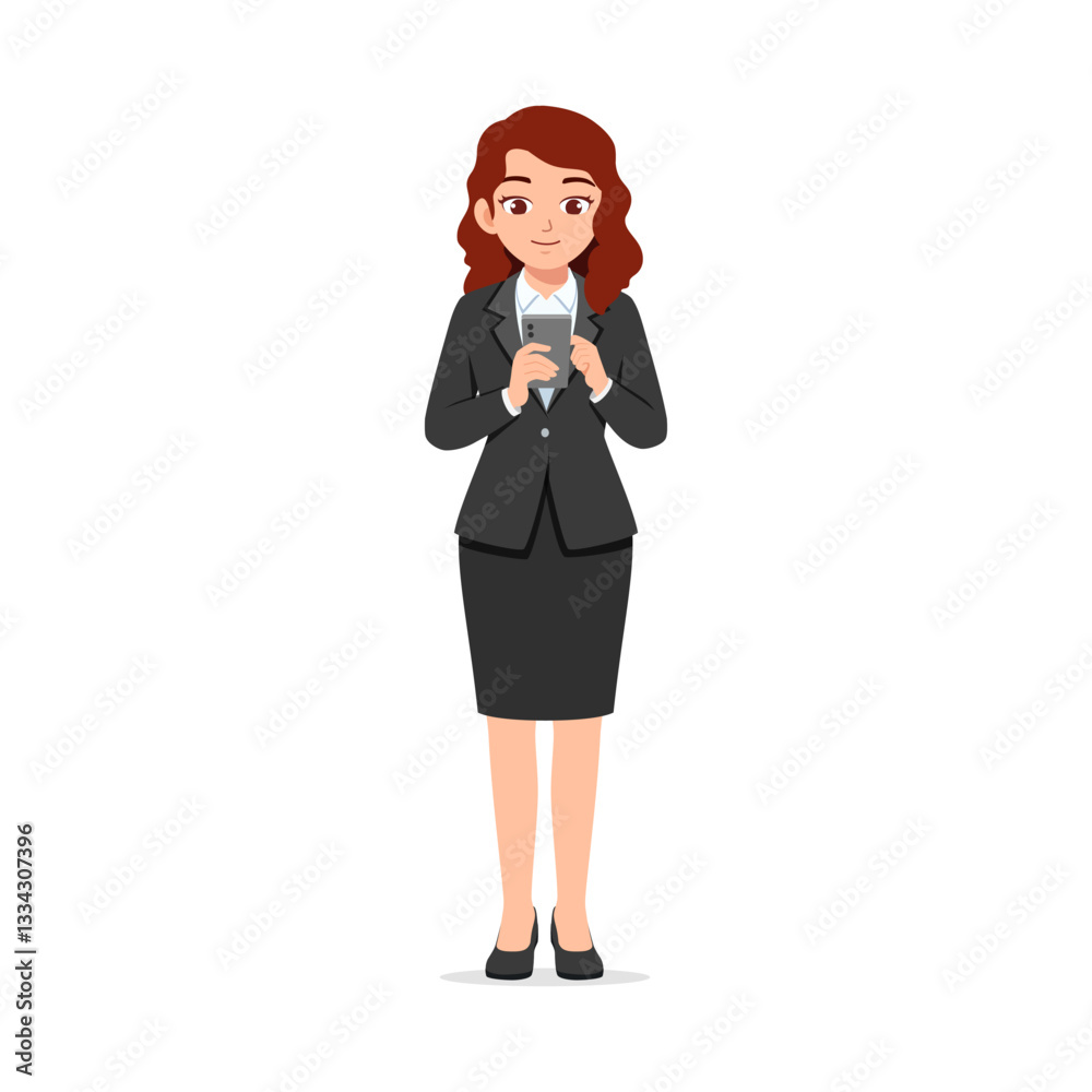 Businesswoman in Suit Using Smartphone Cartoon with Corporate Attire and Professional Look Businesswoman in Suit Using Smartphone Cartoon with Corporate Attire and Professional Look