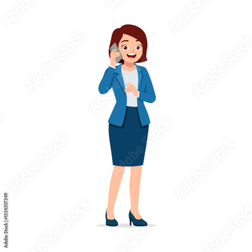 Businesswoman in blue suit standing and talking on smartphone with a smile expression on her face