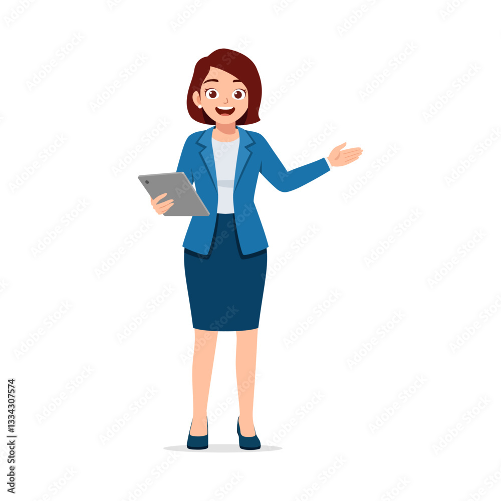 Businesswoman holding tablet, standing and gesturing with hand. Young entrepreneur presentation Businesswoman holding tablet, standing and gesturing with hand. Young entrepreneur presentation