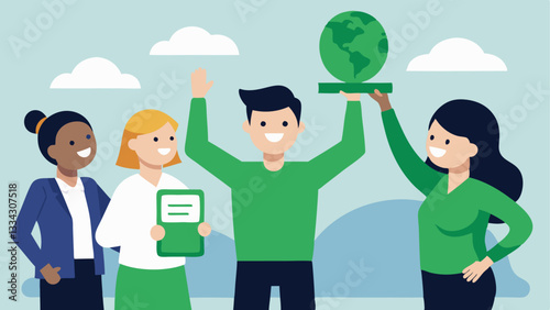 Green Certification Celebration Show a consultant presenting a Green Certification plaque to a travel company with staff members celebrating in the background signifying their