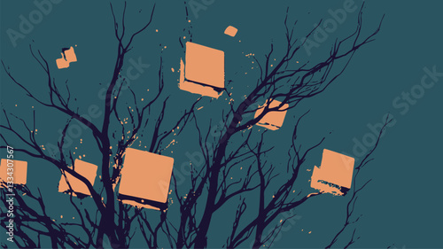 Digital illustration depicting a stylized tree with bare branches against a teal background. Several square-shaped, glowing orange lanterns are suspended from the branches, emitting a warm light.