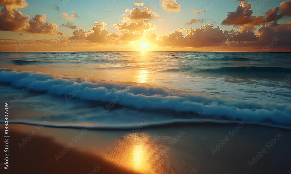 Serene ocean sunrise, waves gently lapping shore, vibrant sky, peaceful beach scene, ideal for travel brochures Serene ocean sunrise, waves gently lapping shore, vibrant sky, peaceful beach scene, ideal for travel brochures