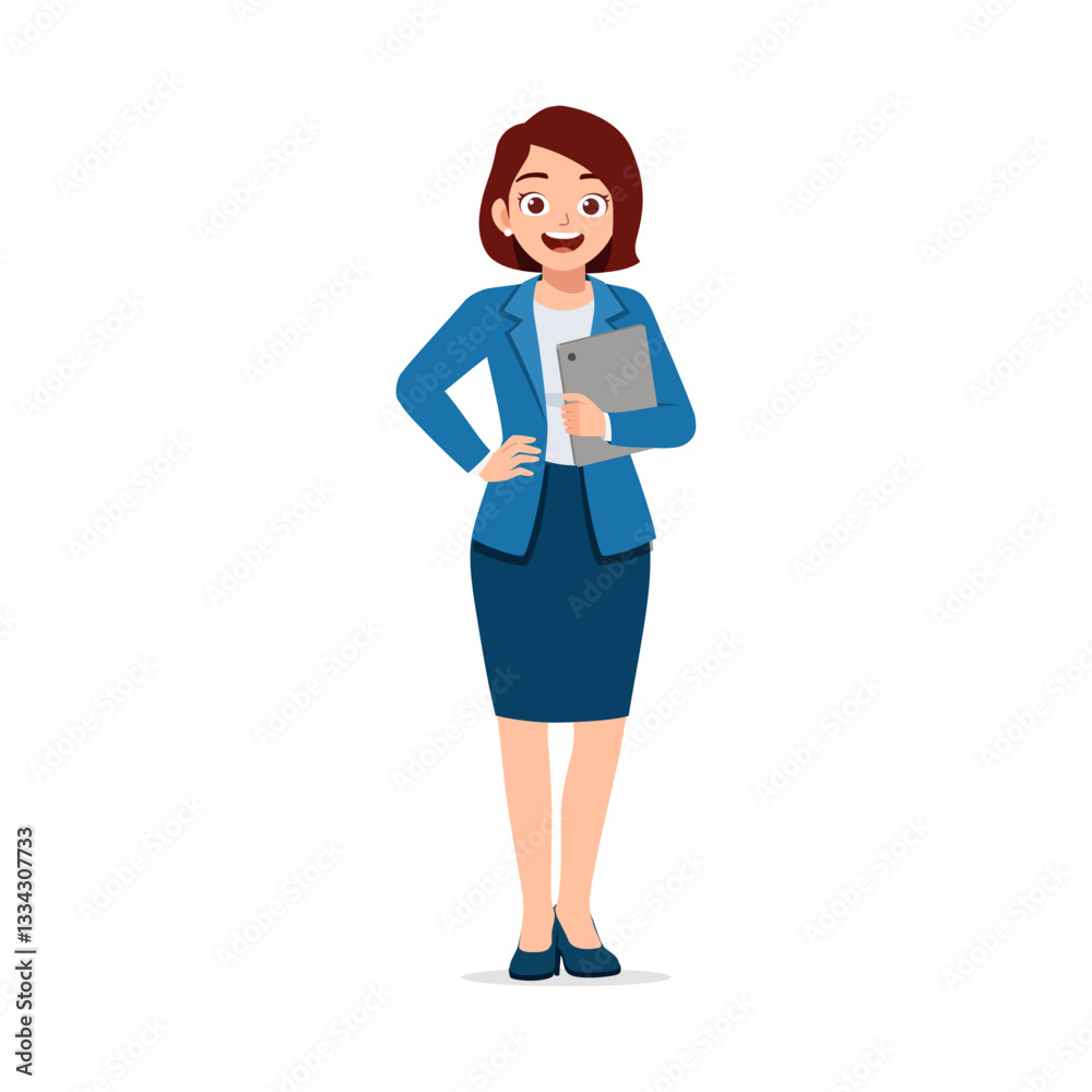 Businesswoman Holding Document Standing with Hand on Hip Smiling in Professional Outfit Businesswoman Holding Document Standing with Hand on Hip Smiling in Professional Outfit