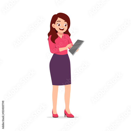 Woman Standing Holding Digital Tablet Smiling with Red Shirt and Purple Skirt