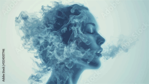 The image is a stylized portrait of a woman's profile rendered in shades of blue. Her hair and body appear to be partially composed of or dissolving into wispy, smoke-like forms. The overall effect