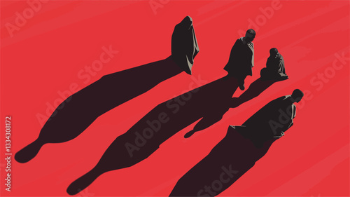 The image is a stylized graphic illustration featuring three elongated, dark silhouettes of figures against a vibrant red backdrop.  The figures appear to be moving, implied by their shape and