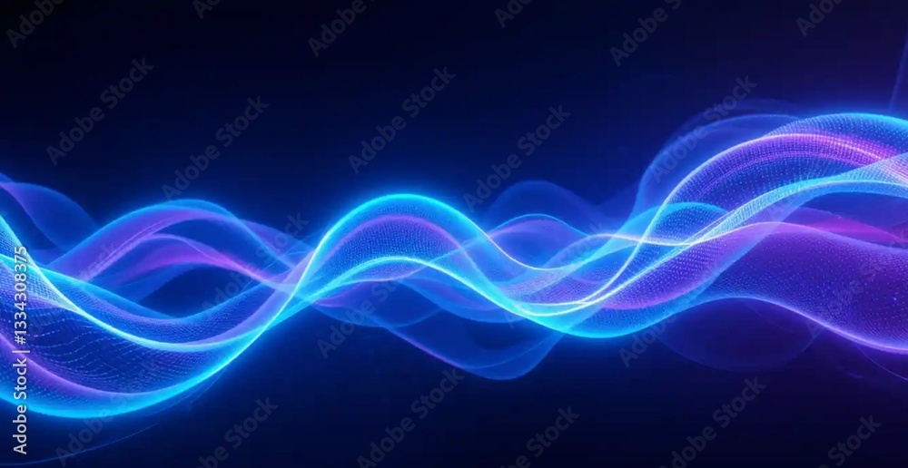 Fototapeta premium Dynamic neon light waves in vibrant blue and purple, smoothly flowing over a dark futuristic backdrop, ideal for digital branding, website headers, and high-tech visuals.