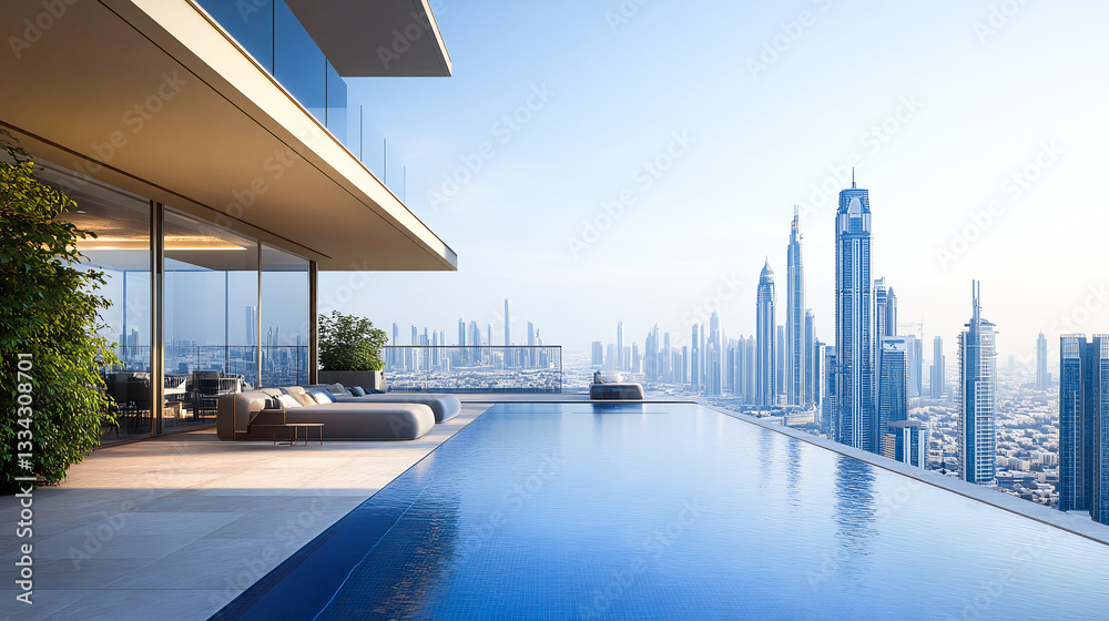 Naklejka premium Impressive spacious penthouse terrace with pool and views of Dubai. Skyscrapers of the United Arab Emirates