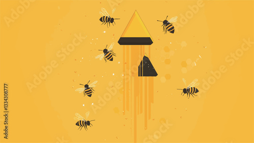 The image is a digital illustration featuring a stylized depiction of a beehive and honey dripping downwards.  The hive is represented by an abstract geometric shape in shades of yellow and gold.