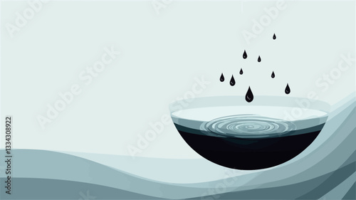 The image is a digital illustration featuring a stylized, dark-toned bowl partially filled with a liquid.  Multiple small, dark drops are falling into the bowl, creating ripples on the surface of