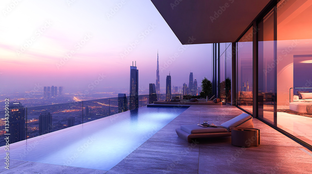 Obraz premium Impressive spacious penthouse terrace with pool and views of Dubai. Skyscrapers of the United Arab Emirates