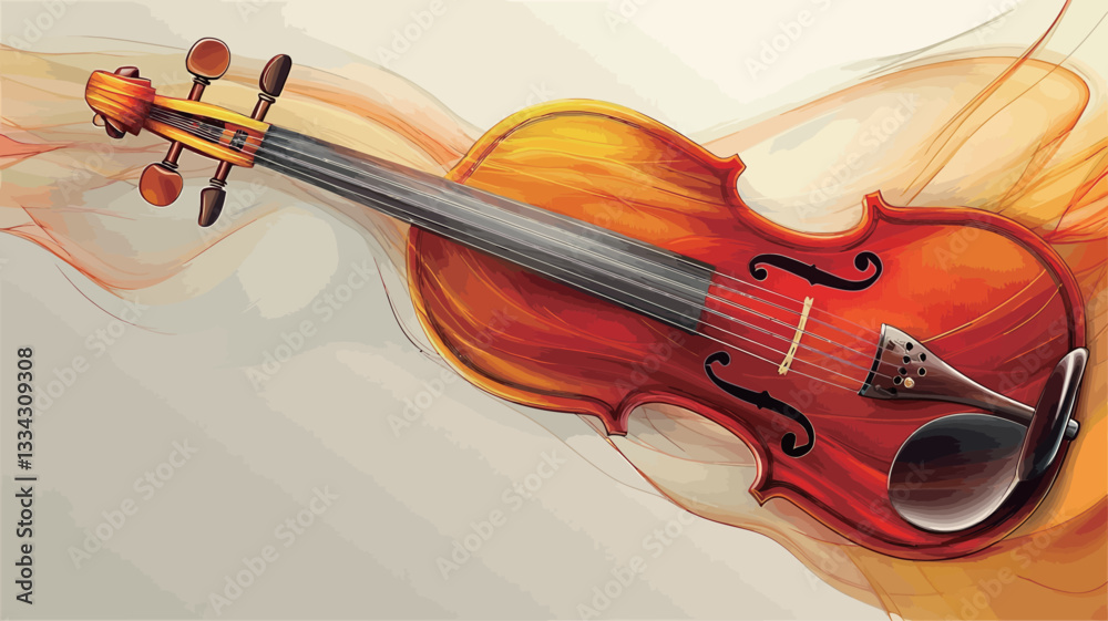 Fototapeta premium The image is a digital illustration or painting depicting a violin resting on an abstract, flowing form resembling a wave or fabric. The violin is predominantly orange and red with a darker brown