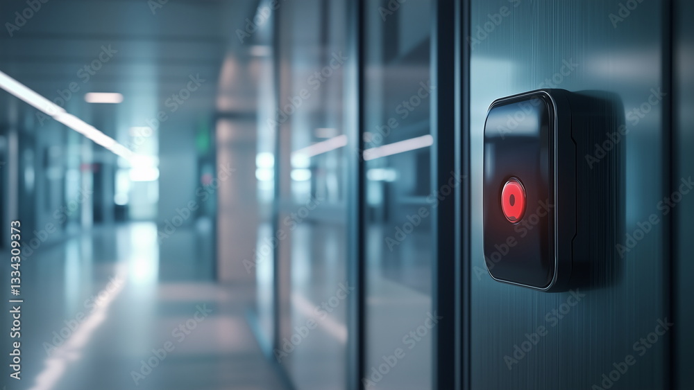 A bright red emergency button is securely placed under a transparent protective cover. The design ensures safety while allowing quick access in urgent situations, emphasizing reliability and security.