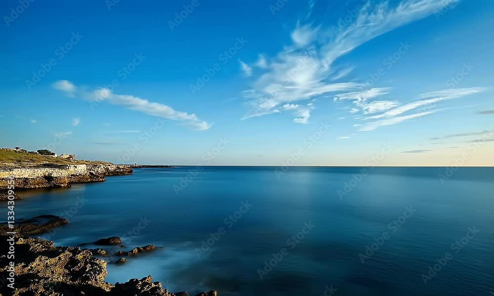 Serene coastal landscape tranquil ocean, rocky shore, clear sky, distant land. Perfect for travel brochures Serene coastal landscape tranquil ocean, rocky shore, clear sky, distant land. Perfect for travel brochures