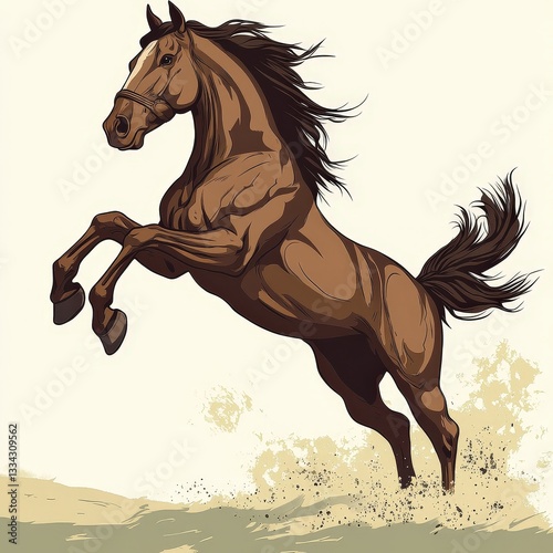 A dynamic webtoon-style drawing of a brown horse rearing up on its hind legs, its front hooves raised high in a display of power. The pose is bold, with clean lines defining its muscles