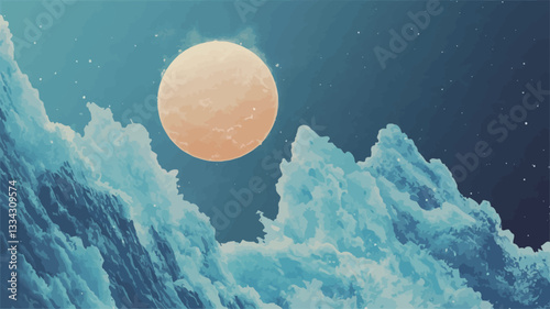 The image depicts a large, full moon with an orange-yellow hue dominating the center of the frame. The moon is positioned slightly off-center, higher in the frame.  It is surrounded by a textured