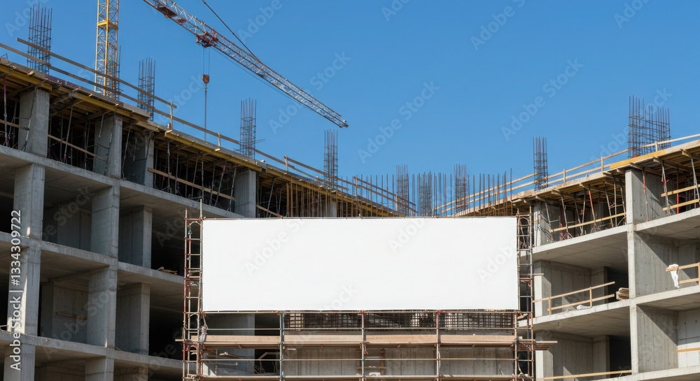 Street banner mockup PSD. Construction site with blank billboard against blue sky Street banner mockup PSD. Construction site with blank billboard against blue sky