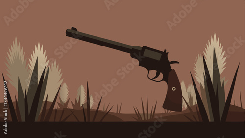 Revolver in Tall Weeds An old revolver hidden a tall wild weeds with only the handle and part of the barrel visible set against a backdrop of a dry ditch.