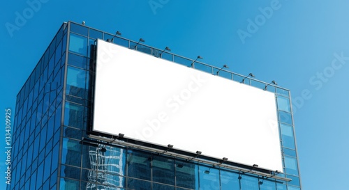 Street banner mockup PSD. Blank billboard on glass building against clear blue sky