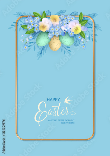 Happy Easter card. Golden frame is decorated with spring flowers, eggs and decorations