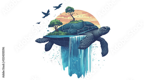 A digital illustration depicting a large dark-blue turtle carrying a small island with trees on its back. A waterfall cascades from the edge of the island, flowing down the turtle's shell.  Birds
