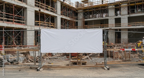 Street banner mockup PSD. Construction site with scaffolding and empty banner