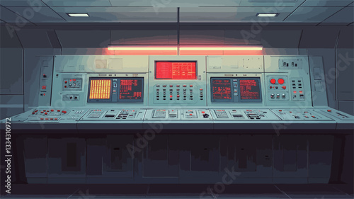 A frontal, eye-level view of a retro-futuristic control panel. The panel is predominantly light gray with various components including multiple screens displaying different information (some