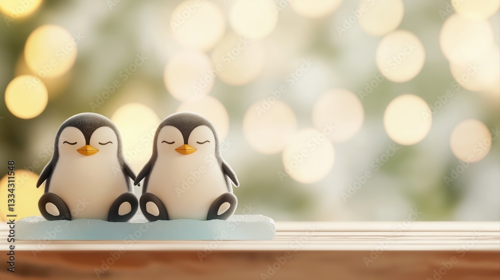 Obraz premium Two Cute Penguins Meditating Together on Floating Ice with Soft Bokeh Background