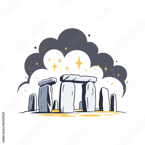 Stonehenge vector with glowing accents and a mystical atmosphere. Minimalist and modern illustration symbolizing history, archaeology, ancient mysteries, and cultural heritage.