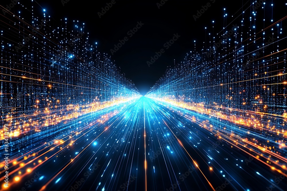 Obraz premium Abstract digital information highway with bright blue and orange lights