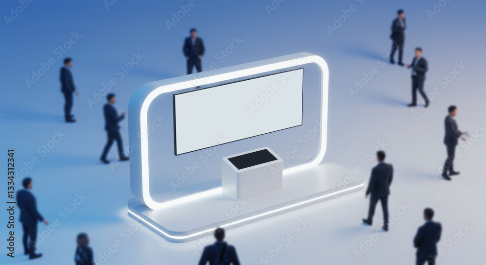 Street banner mockup PSD. Business professionals engaging around modern display stand Street banner mockup PSD. Business professionals engaging around modern display stand