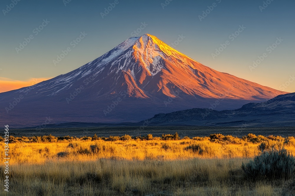 Fototapeta premium Majestic snow-capped mountain at sunset, casting a golden glow on the surrounding landscape.