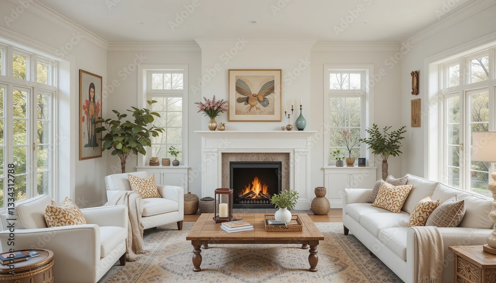 Fototapeta premium Cozy living room with fireplace, white sofas, armchairs, wooden coffee table, patterned carpet, and natural light from large windows.