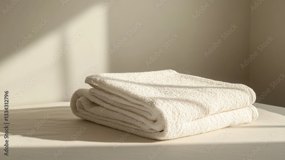 Soft Folded White Bath Towels on a Bed Sunlight Minimalist Home Decor Soft Folded White Bath Towels on a Bed Sunlight Minimalist Home Decor