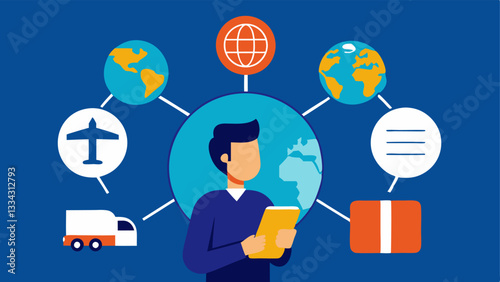 Global Sourcing Strategy A supply chain manager looking at a globe while jotting down notes on how to improve sourcing from various regions with icons of different transportation