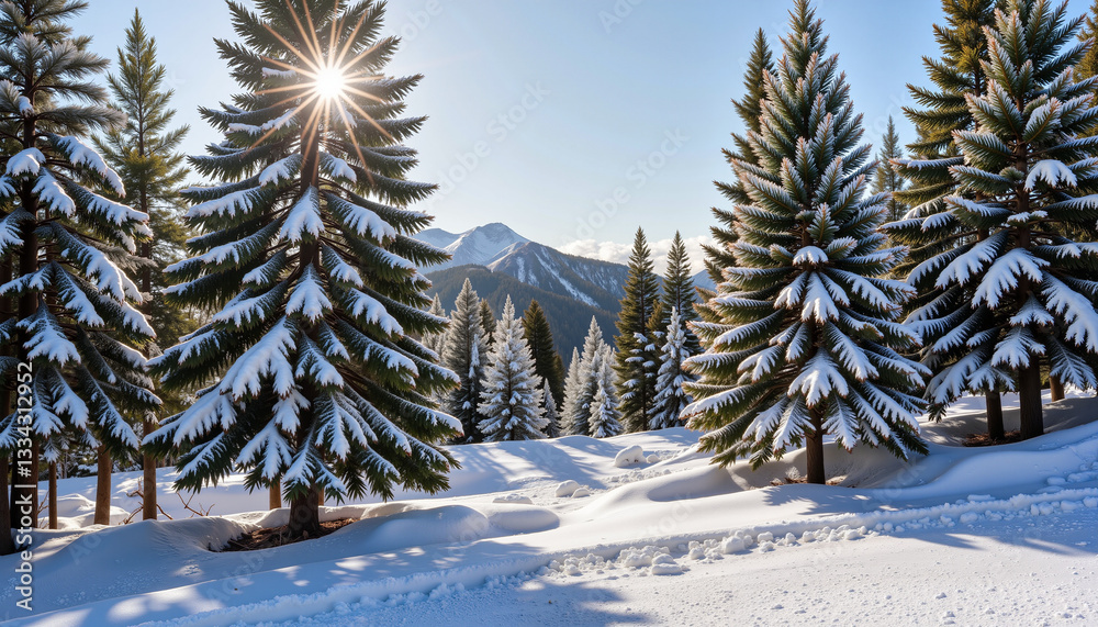 Lush evergreen trees blanketed in snow, serene winter landscape Lush evergreen trees blanketed in snow, serene winter landscape
