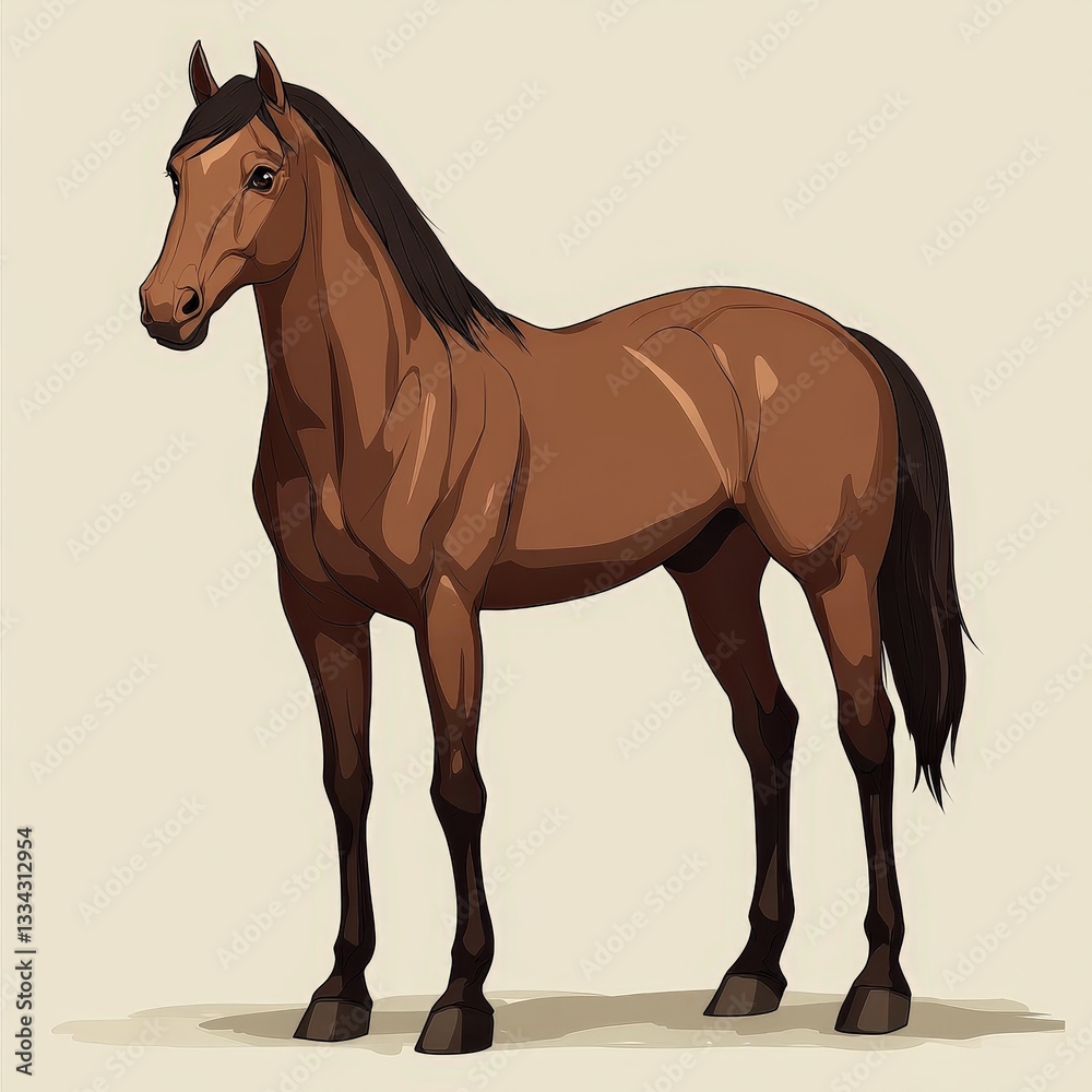 Obraz premium A simplified manhwa-style illustration of a brown horse standing tall, its sleek coat shaded with minimal strokes for a clean and polished webtoon look. Its dark mane flows slightly in the breeze