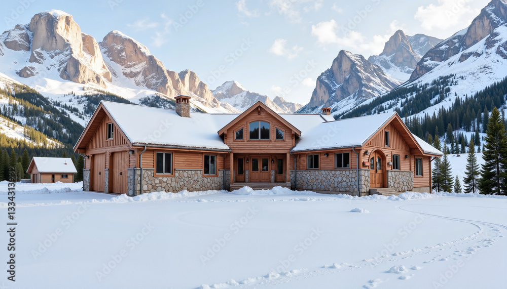 Fototapeta premium Inviting ski cabin surrounded by snow-draped mountains, winter escape