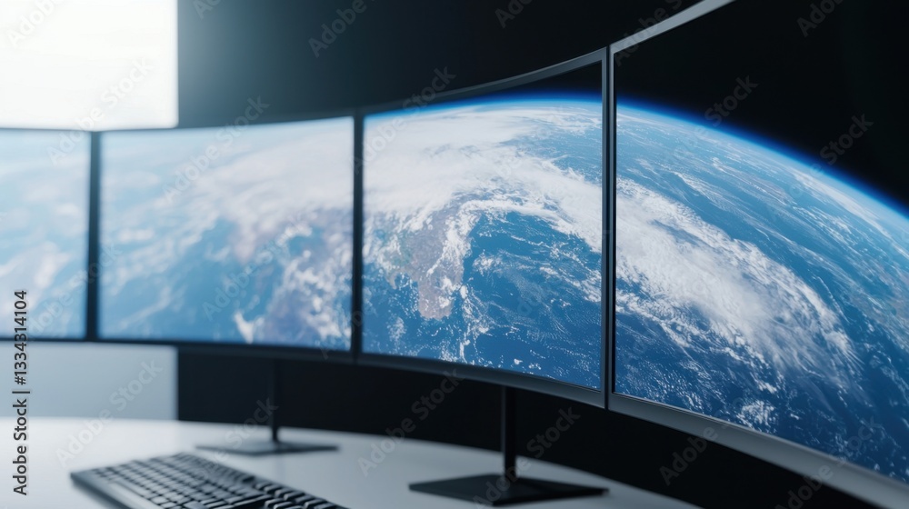 Fototapeta premium Climate Change Study Concept, Advanced Computer Generated Projection of Earth's Climate on Multiple Monitors for Scientific Analysis