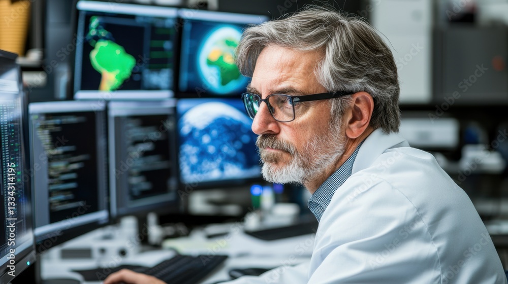 Climate Change Study Concept, Researcher Analyzing Climate Data on Multiple Computer Screens in Laboratory Setting Climate Change Study Concept, Researcher Analyzing Climate Data on Multiple Computer Screens in Laboratory Setting
