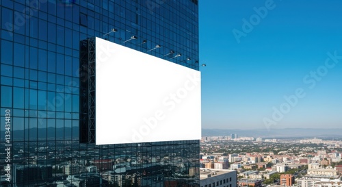 Street banner mockup PSD. Blank billboard on modern skyscraper against clear blue sky