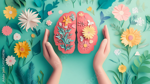 Hands holding paper head human brain with flowers self care and mental health concept positive thinking