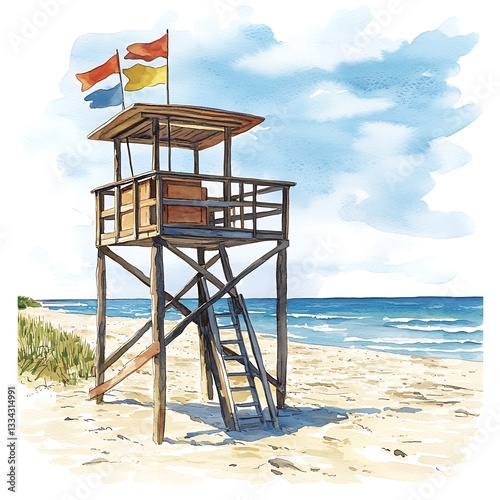 Serene Beach Lifeguard Stand Watercolor Painting A picturesque illustration of a wooden lifeguard tower on a sandy beach with ocean waves.