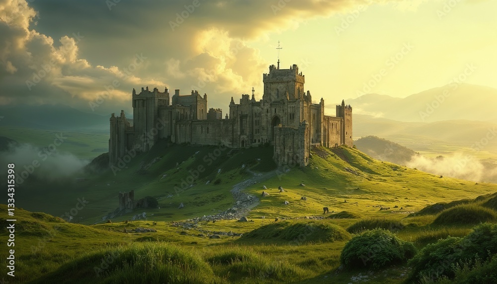Obraz premium Majestic medieval castle on a hilltop with dramatic clouds at sunset