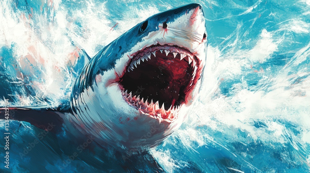 Fototapeta premium Majestic great white shark bursts from deep blue ocean in a vibrant, realistic oil painting. A powerful and captivating underwater scene