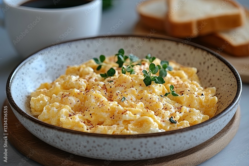 Scrambled eggs with seasoning and herbs alongside a cup of coffee Scrambled eggs with seasoning and herbs alongside a cup of coffee