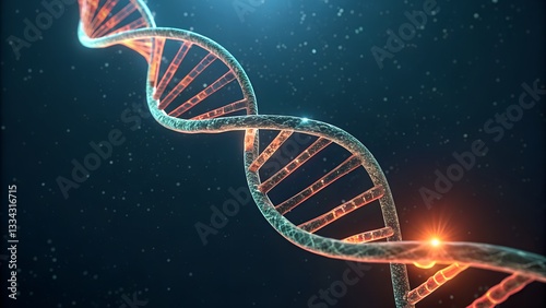 A 3D rendered illustration of a DNA double helix against a dark, speckled background.