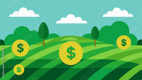 Farming Land with Dollar Signs An illustration of a lush green farmland landscape with large dollar signs hovering above the fields indicating investment opportunities in